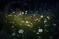 A meadow where each flower seems to hold a star within its petals, fireflies creating a dance of light as the night deepens.