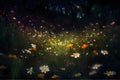 A meadow where each flower seems to hold a star within its petals, fireflies creating a dance of light as the night deepens.