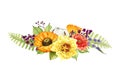 Meadow wild bright flower decor. Watercolor illustration. Calendula, cotton flower, lavender, privet berries, green