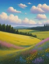 A meadow with wild flowers, grass, tree, beautiful blue sky and fluffy clouds, oil painting art, 8k, wallpaper design Royalty Free Stock Photo