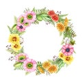 Meadow wild flowers wreath. watercolor illustration. Hand drawn floral wreath from wild meadow flowers and herbs. White