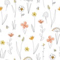 Meadow wildflower seamless vector pattern. Boho botanical floral background. Continuous line drawing background. Doodle