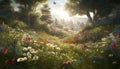 A meadow of wildflowers, a sunset painting nature beauty generated by AI