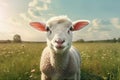 meadow wool sheep animal sun field lamb farm green grass. Generative AI. Royalty Free Stock Photo