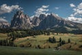 Meadows at Alpe di Siusi during summer with view to mountains of Plattkofel and Langkofel in the Dolomite Alps Royalty Free Stock Photo