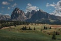 Meadows at Alpe di Siusi during summer with view to mountains of Plattkofel and Langkofel in the Dolomite Alps Royalty Free Stock Photo