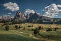 Meadows at Alpe di Siusi during summer with view to mountains of Plattkofel and Langkofel in the Dolomite Alps Royalty Free Stock Photo