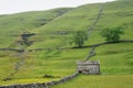 Meadows, Stream, Stone Walls and Old Shepherd`s Hut, Kettlewell, Wharfedale, Yorkshire Dales, England, UK