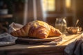 wooden cup croissant bakery food bokeh breakfast morning drink background table background. Generative AI.