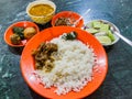 Meal in Bangladesh - Rice, Alo vorta, dhal, Shim borta and chicken cur