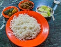 Meal in Bangladesh - Rice, Alo vorta, Shim borta and chicken cur Royalty Free Stock Photo