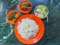 Meal in Bangladesh - Rice, Alo vorta, Shim borta and chicken cur Royalty Free Stock Photo
