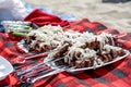 Meal on a beach: ready beef cabobs shashlyk topped with white onion Royalty Free Stock Photo