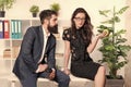 Meal break. Business couple enjoy office snack. Sensual girl and bearded man during work break. Snack break at workplace