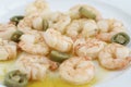 Meal Cooked prawns with pepper on plate in softfocus