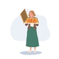 Meal delivery concept. Happy woman smell tasty pizza in box. Italian cuisine, menu. Flat vector cartoon illustration