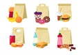 Meal food in paper bag, lunch box set, vector illustration. Snack, breakfast in pack collection, package container with