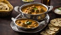 A meal of Indian food with two bowls of soup and a glass of beer