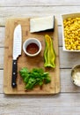 Fresh chopped and prepared ingredients for making homemade street corn salad for gourmet tasty meals Royalty Free Stock Photo