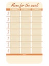 Orange menu options for the week. template for food diary. meal plan for the week vector Royalty Free Stock Photo