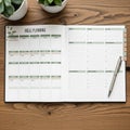 A meal planning notebook open on a wooden table, featuring a weekly layout. The left Royalty Free Stock Photo
