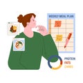 Meal planning. Woman contemplates a balanced diet with a weekly meal plan