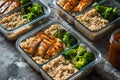 Meal prep containers with grilled chicken, brown rice, and steamed broccoli. Generative AI Royalty Free Stock Photo