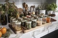 meal prep station with variety of fresh and dried herbs, spices, and other seasonings Royalty Free Stock Photo