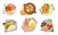 Meal Served on Plate with Napkin Rested Underneath it Top View Vector Set