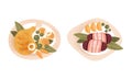 Meal Served on Plate Set, Healthy Traditional Food Dishes, Fried Drumstick and Cutlet with Potato Cartoon Vector
