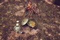 Meal time. High angle view of a soup in a kettle, near the camp