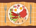 Meal time. Daily Nutrition balance, plate of food in form of clock top view, knife and fork, healthy lifestyle proper