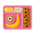 Meal Tray Filled with Banana, Cupcake, Apple and Orange Slices, Healthy Food For Kids And Students, View from Above Flat