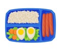 Meal Tray Filled with Egg, Rice and Sausages, Healthy Food For Kids And Students, View from Above Flat Vector