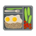 Meal Tray Filled with Fried Egg, Rice and Vegetables, Healthy Food For Kids And Students, View from Above Flat Vector