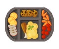Meal Tray Filled with Mashed Potato, Chicken Drumstick and Vegetables, Healthy Food For Kids And Students, View from