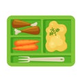 Meal Tray Filled with Mashed Potato, Chicken Drumsticks and Carrots, Healthy Food For Kids And Students, View from Above