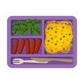 Meal Tray Filled with Pasta, Sausages and Broccoli, Healthy Food For Kids And Students, View from Above Flat Vector
