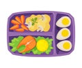 Meal Tray Filled with Salmon Fish, Egg and Vegetables, Healthy Food For Kids And Students, View from Above Flat Vector