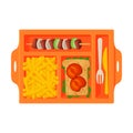 Meal Tray Filled with Sandwich, French Fries and Barbecue, Food For Kids And Students, View from Above Flat Vector