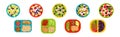 Meal Trays and Bowl of Fruit Salad for Lunch Vector Set