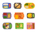 Meal Trays Filled with Food Collection, Healthy Lunch For Kids And Students, View from Above Flat Vector Illustration