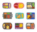 Meal Trays Filled with Food for Lunch Collection, Healthy Food For Kids And Students, View from Above Flat Vector