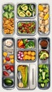 meal trays with a variety of vegan ingredients, from crunchy vegetables to creamy avocado slices