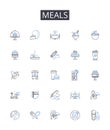 Meals line icons collection. Foodstuffs, Grub, Comestibles, Cuisine, Fare, Victuals, Provisions vector and linear Royalty Free Stock Photo