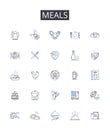 Meals line icons collection. Foodstuffs, Grub, Comestibles, Cuisine, Fare, Victuals, Provisions vector and linear Royalty Free Stock Photo