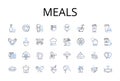 Meals line icons collection. Foodstuffs, Grub, Comestibles, Cuisine, Fare, Victuals, Provisions vector and linear Royalty Free Stock Photo