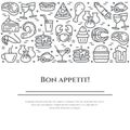 Meals theme horizontal banner. Pictograms of pie, steak, fish, tea, wine, shrimp, pizza and other restaurant food related pictogra