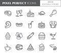 Meals theme pixel perfect thin line icons. Set of elements of pie, steak, fish, tea, wine, shrimp, pizza and other restaurant food