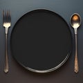 Mealtime elegance Top view of black plate with utensils